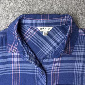 Orvis Flannel Shirt Blouse Woman’s Medium Blue Purple Plaid Long Sleeve Button
